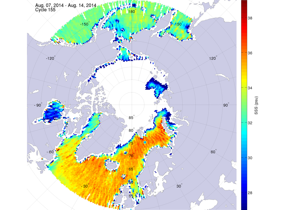 Sea surface salinity maps of the northern hemisphere ocean, week ofAugust 7-14, 2014.