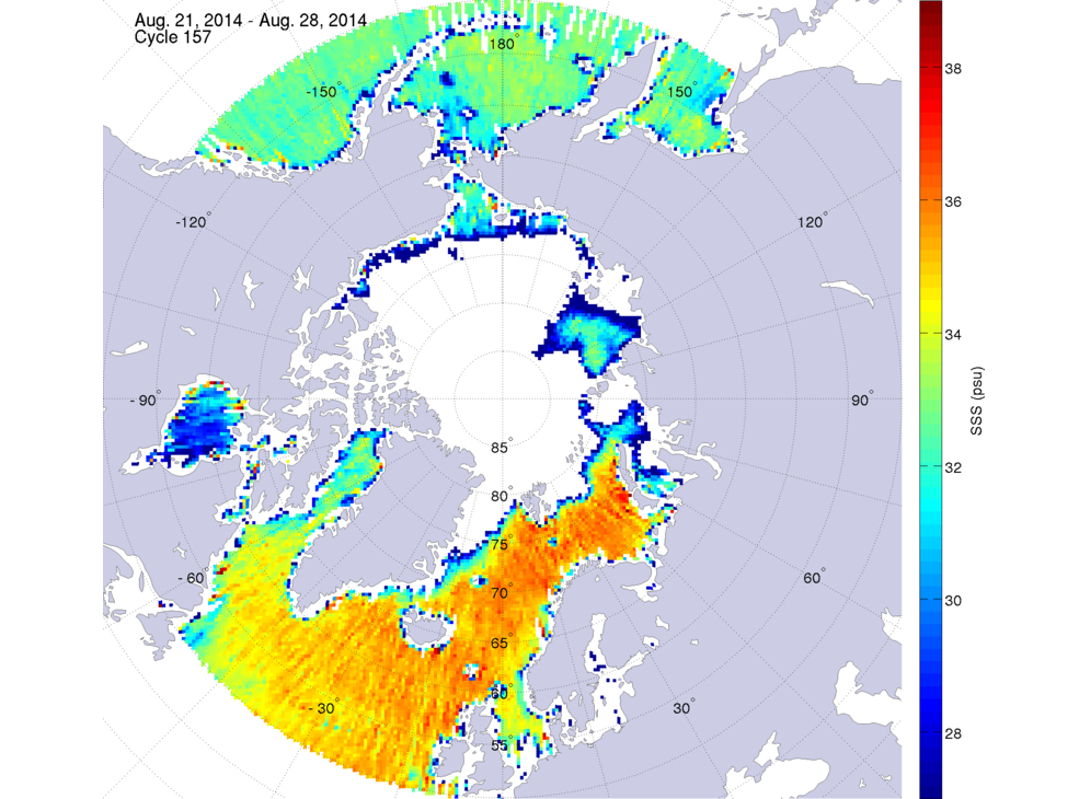 Sea surface salinity maps of the northern hemisphere ocean, week ofAugust 21-28, 2014.