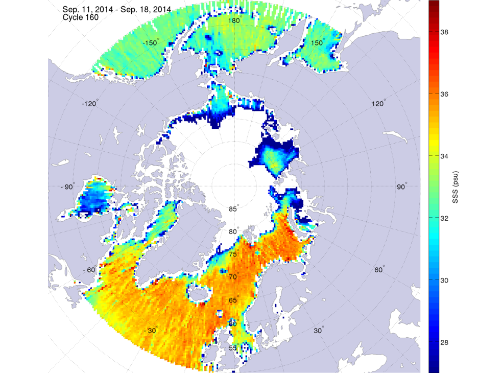 Sea surface salinity maps of the northern hemisphere ocean, week ofSeptember 11-18, 2014.