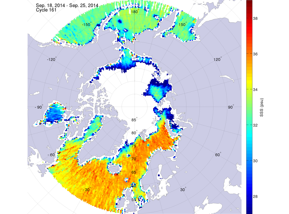 Sea surface salinity maps of the northern hemisphere ocean, week ofSeptember 18-25, 2014.