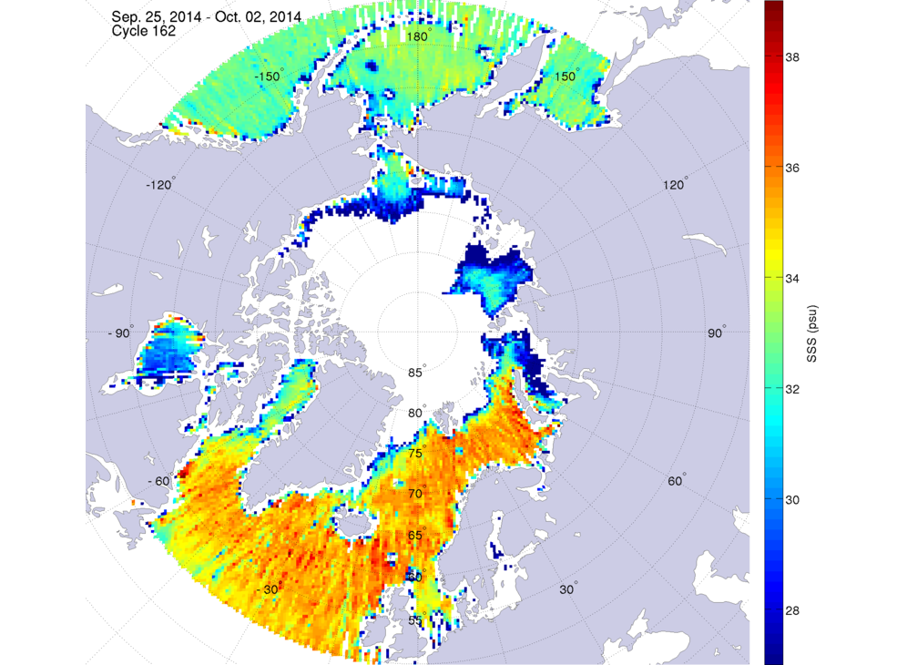 Sea surface salinity maps of the northern hemisphere ocean, week ofSeptember 25 - October 2, 2014.