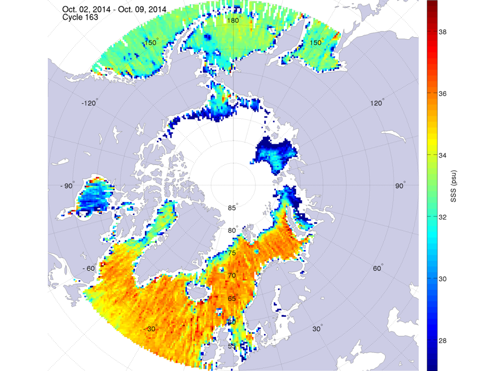 Sea surface salinity maps of the northern hemisphere ocean, week ofOctober 2-9, 2014.