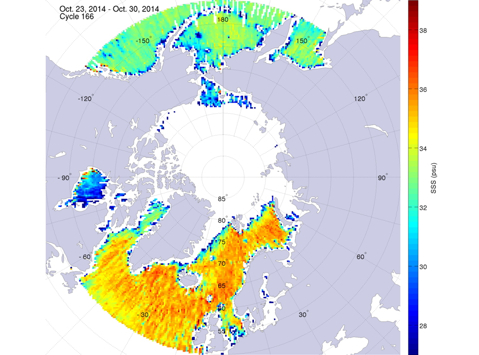 Sea surface salinity maps of the northern hemisphere ocean, week ofOctober 23-30, 2014.