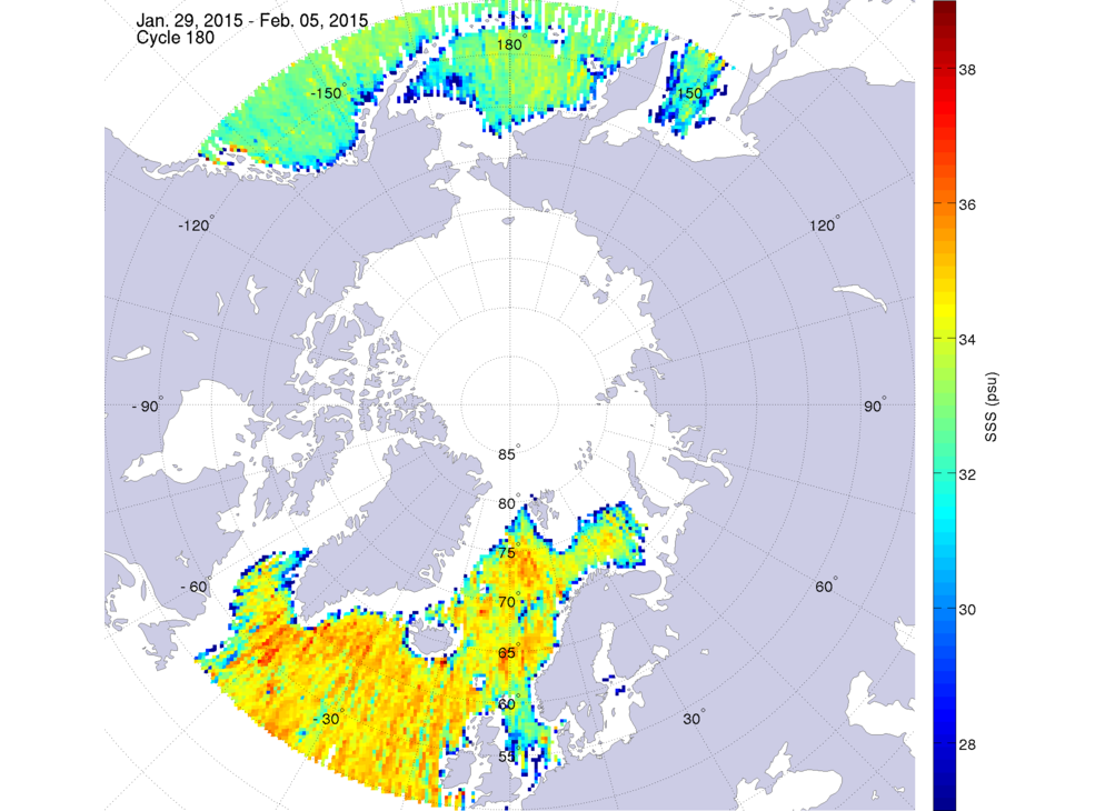 Sea surface salinity maps of the northern hemisphere ocean, week ofJanuary 29 - February 5, 2015.