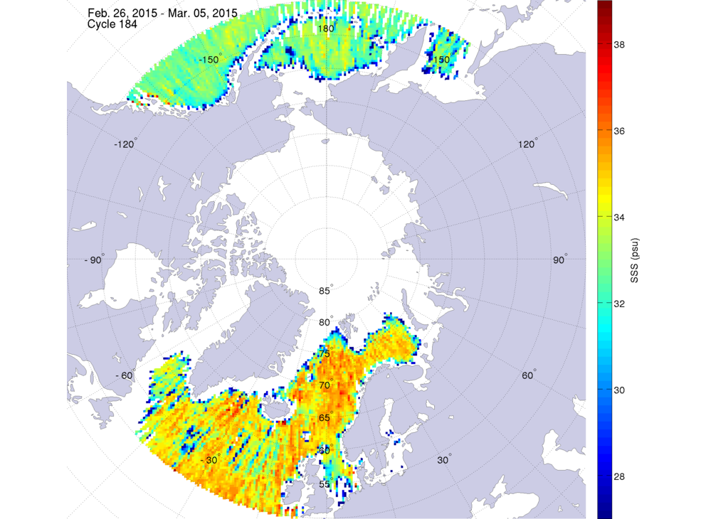 Sea surface salinity maps of the northern hemisphere ocean, week ofFebruary 26 - March 5, 2015.