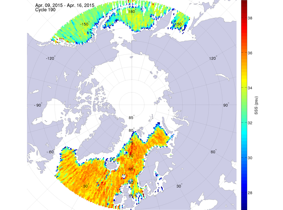 Sea surface salinity maps of the northern hemisphere ocean, week ofApril 9-16, 2015.