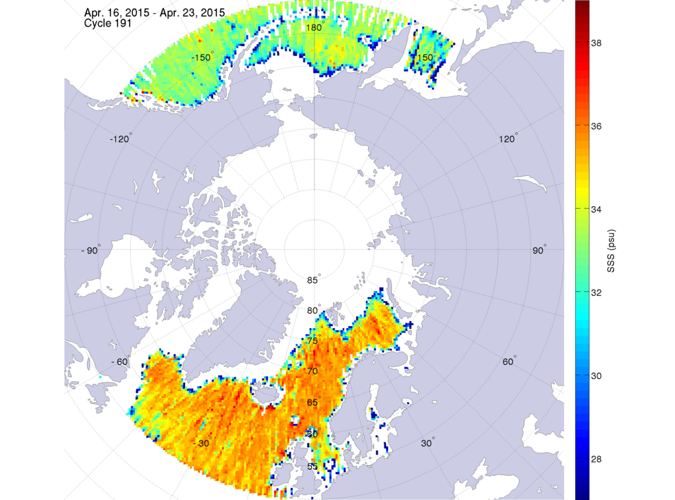 Sea surface salinity maps of the northern hemisphere ocean, week ofApril 16-23, 2015.