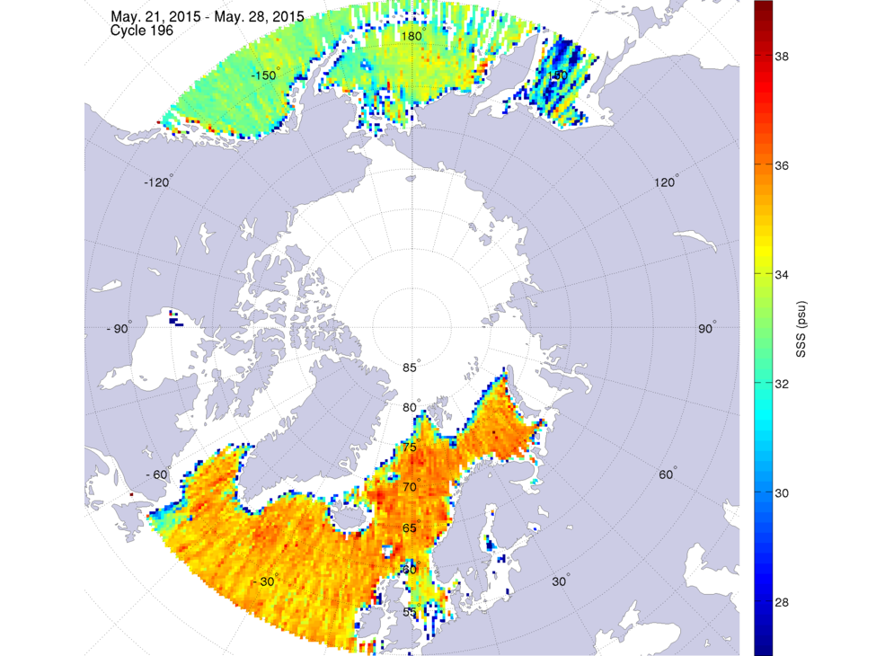 Sea surface salinity maps of the northern hemisphere ocean, week ofMay 21-28, 2015.