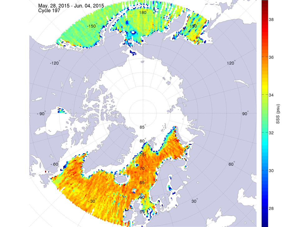 Sea surface salinity maps of the northern hemisphere ocean, week ofMay 28- June 4, 2015.