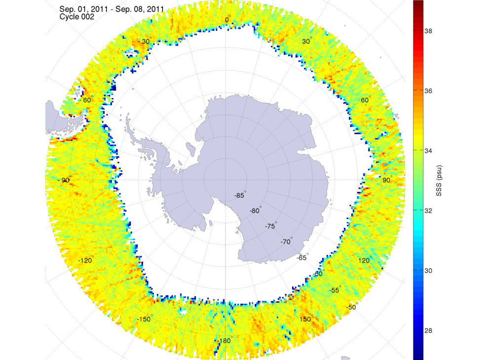 Sea surface salinity map of the southern hemisphere ocean, week ofSeptember 1-8, 2011.