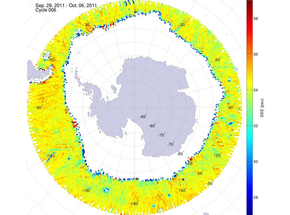 Sea surface salinity map of the southern hemisphere ocean, week ofSeptember 29 - October 6, 2011.