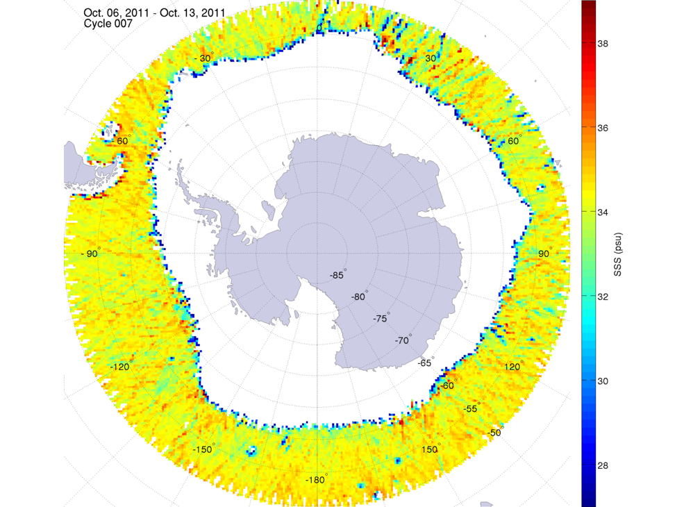 Sea surface salinity map of the southern hemisphere ocean, week ofOctober 6-13, 2011.