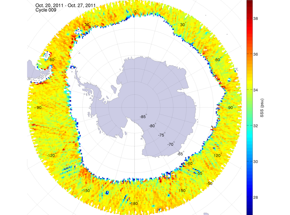 Sea surface salinity map of the southern hemisphere ocean, week ofOctober 20-27, 2011.