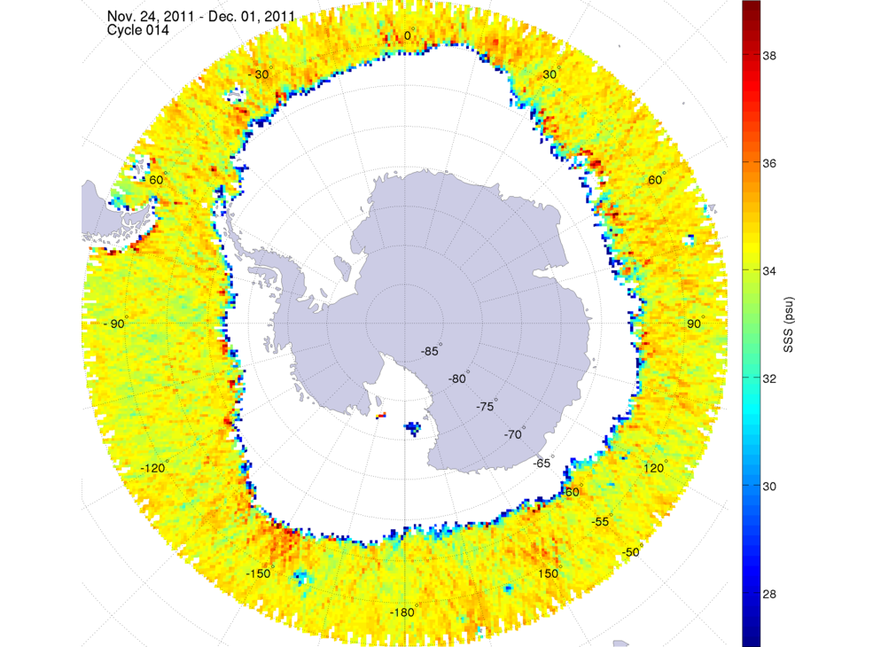Sea surface salinity map of the southern hemisphere ocean, week ofNovember 24-December 1, 2011.