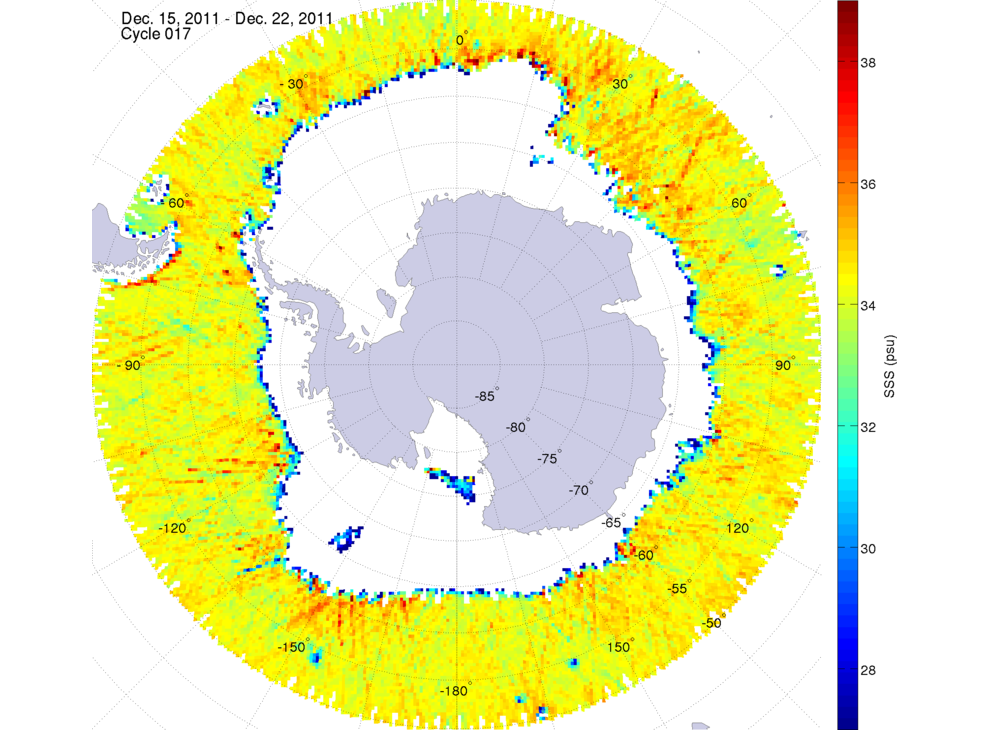Sea surface salinity map of the southern hemisphere ocean, week ofDecember 15-22, 2011.