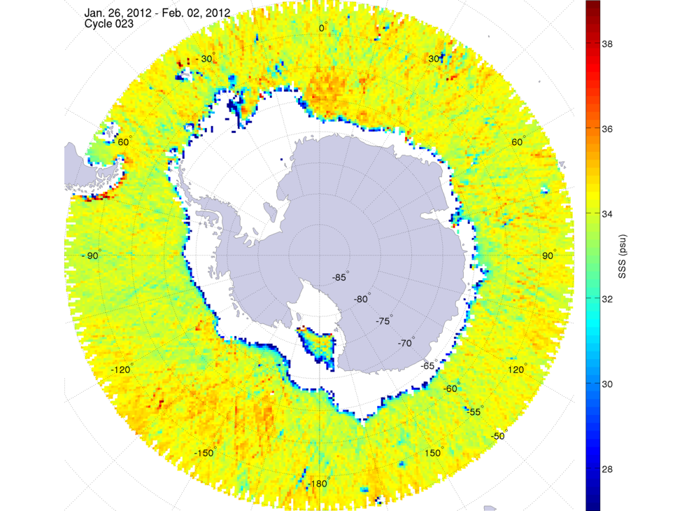 Sea surface salinity map of the southern hemisphere ocean, week ofJanuary 26 - February 2, 2012.