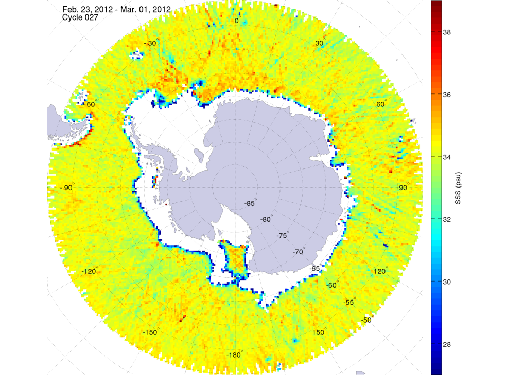 Sea surface salinity map of the southern hemisphere ocean, week ofFebruary 23 - March 1, 2012.