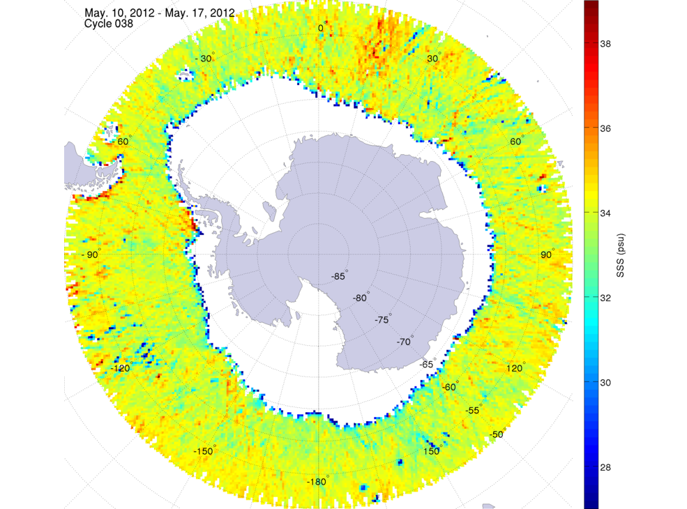 Sea surface salinity map of the southern hemisphere ocean, week ofMay 10-17, 2012.