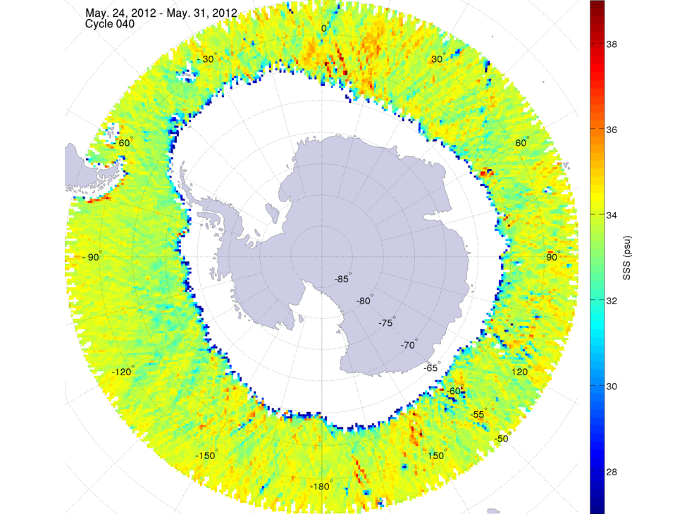 Sea surface salinity map of the southern hemisphere ocean, week ofMay 24-31, 2012.