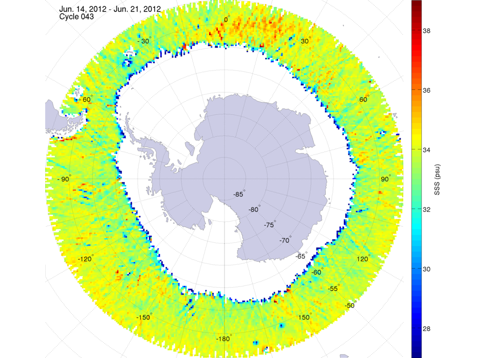 Sea surface salinity map of the southern hemisphere ocean, week ofJune 14-21, 2012.