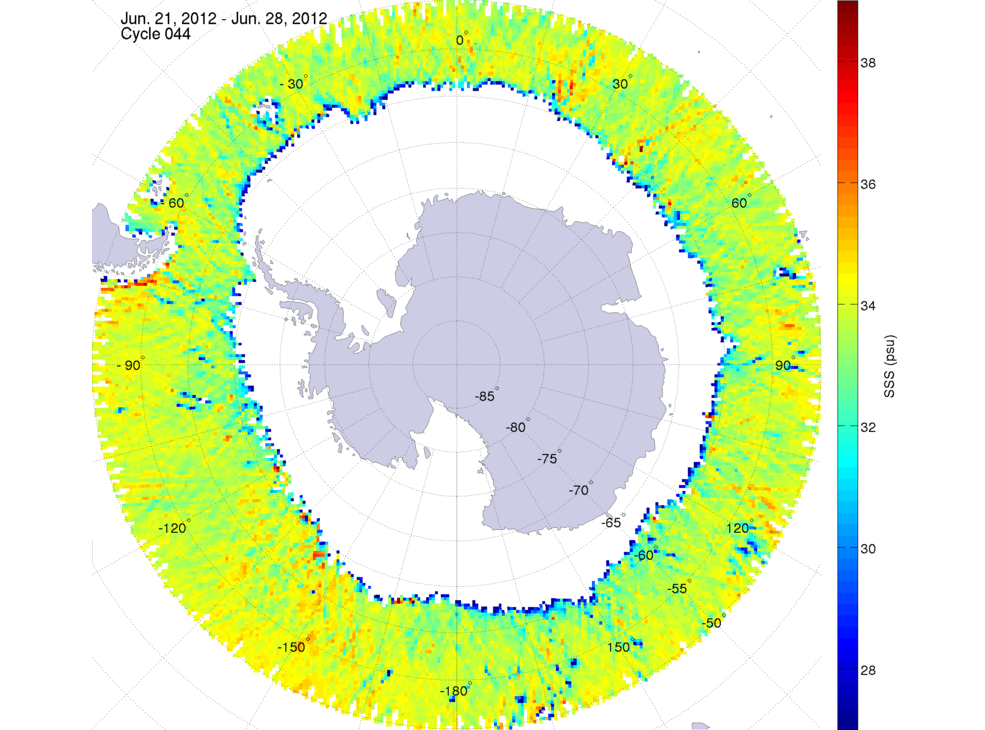 Sea surface salinity map of the southern hemisphere ocean, week ofJune 21-28, 2012.