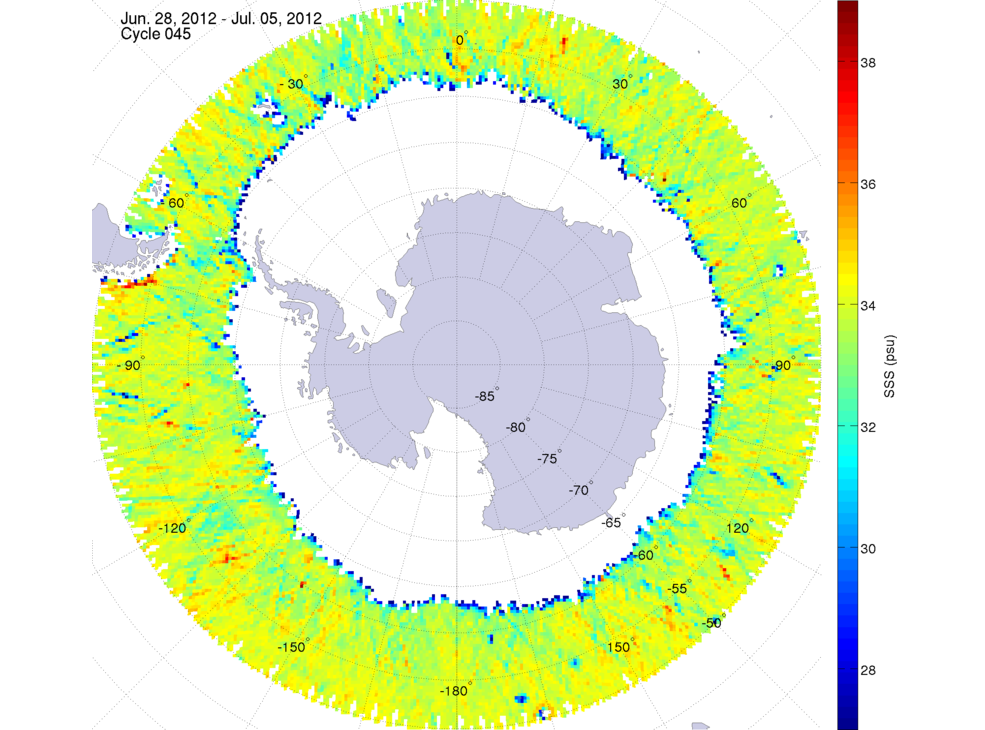 Sea surface salinity map of the southern hemisphere ocean, week ofJune 28 - July 5, 2012.