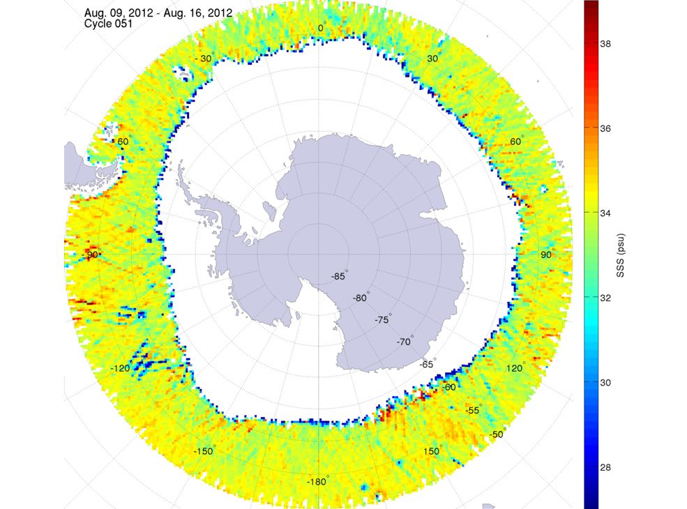 Sea surface salinity map of the southern hemisphere ocean, week ofAugust 9-16, 2012.