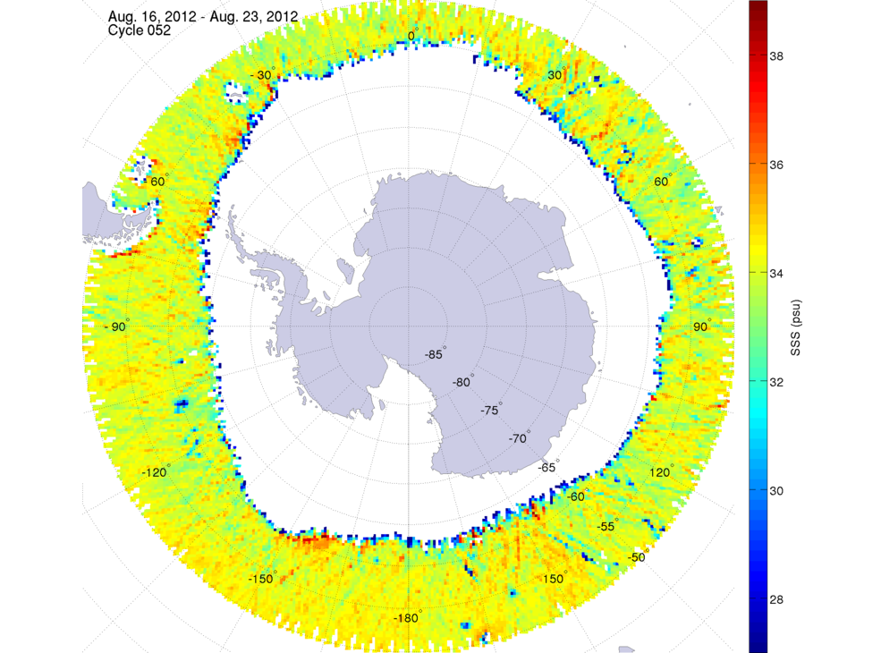 Sea surface salinity map of the southern hemisphere ocean, week ofAugust 16-23, 2012.
