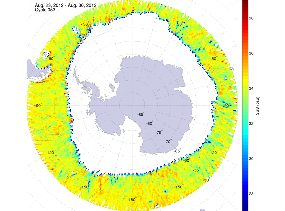 Sea surface salinity map of the southern hemisphere ocean, week ofAugust 23-30, 2012.