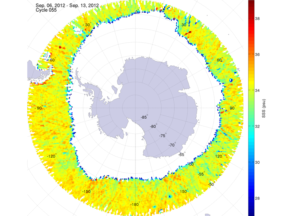 Sea surface salinity map of the southern hemisphere ocean, week ofSeptember 6-13, 2012.