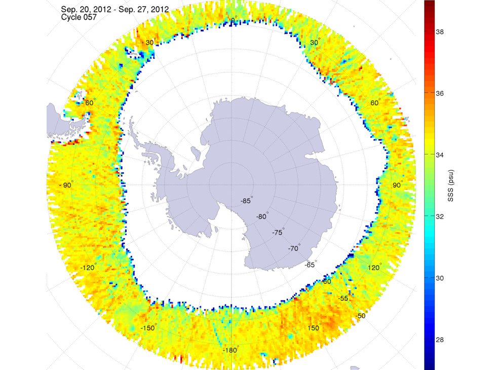 Sea surface salinity map of the southern hemisphere ocean, week ofSeptember 20-27, 2012.