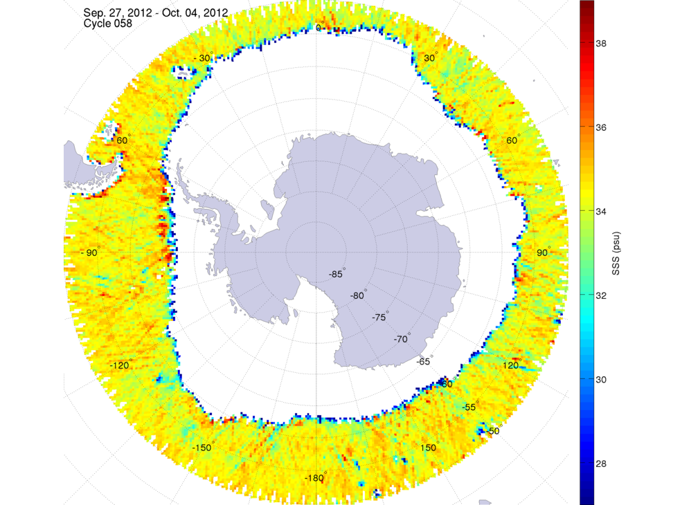 Sea surface salinity map of the southern hemisphere ocean, week ofSeptember 27 - October 4, 2012.