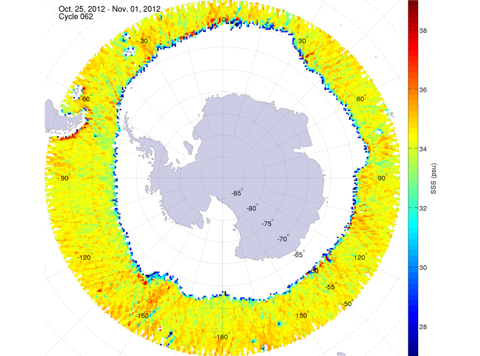 Sea surface salinity map of the southern hemisphere ocean, week ofOctober 25 - November 1, 2012.
