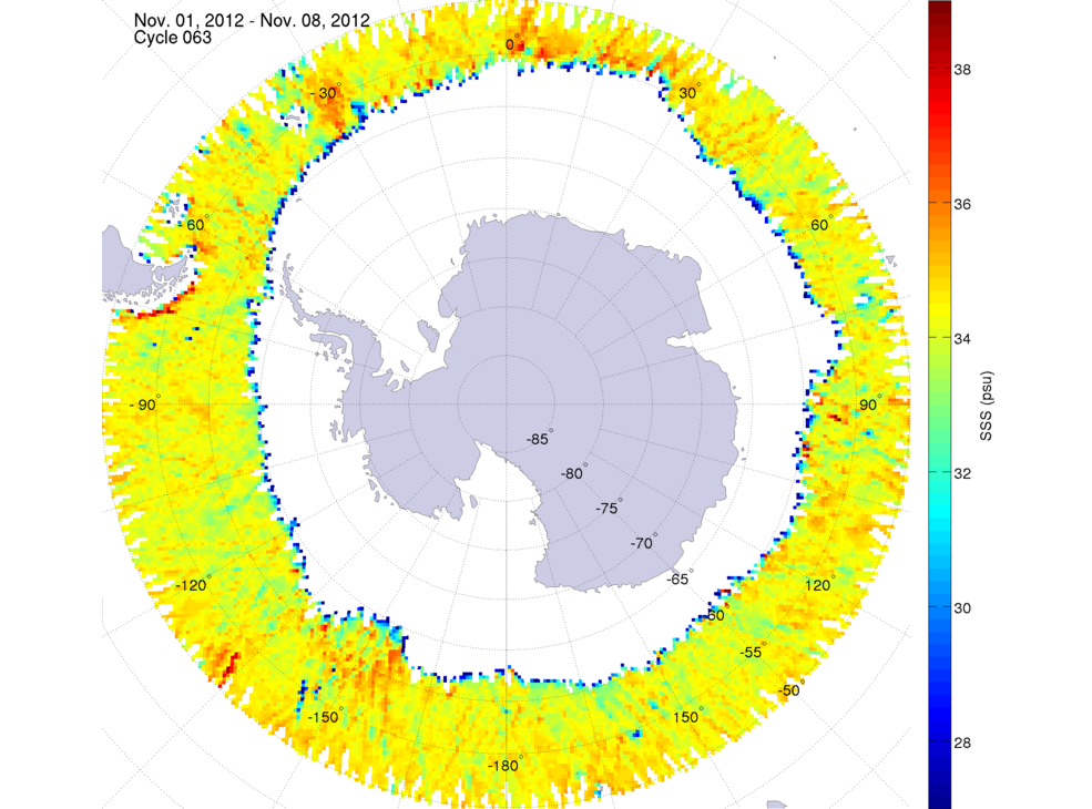 Sea surface salinity map of the southern hemisphere ocean, week ofNovember 1-8, 2012.