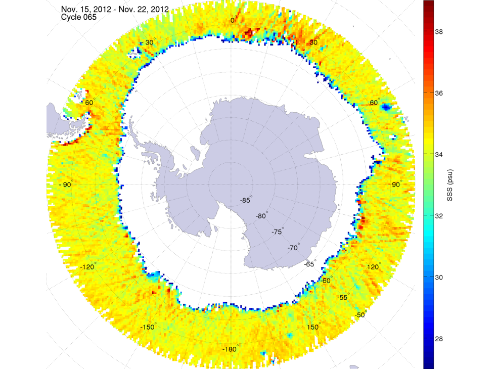Sea surface salinity map of the southern hemisphere ocean, week ofNovember 15-22, 2012.