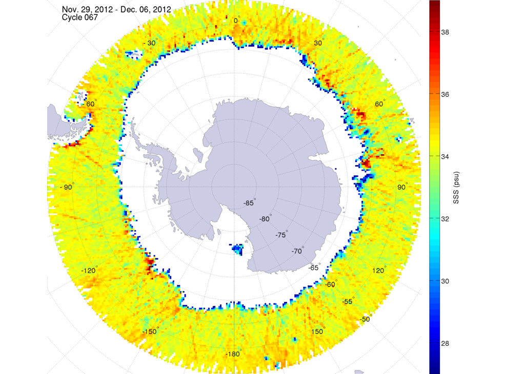 Sea surface salinity map of the southern hemisphere ocean, week ofNovember 29 - December 6, 2012.