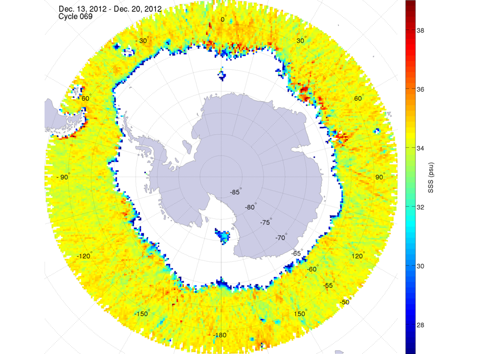 Sea surface salinity map of the southern hemisphere ocean, week ofDecember 13-20, 2012.