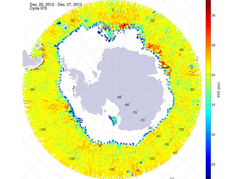 Sea surface salinity map of the southern hemisphere ocean, week ofDecember 20-27, 2012.
