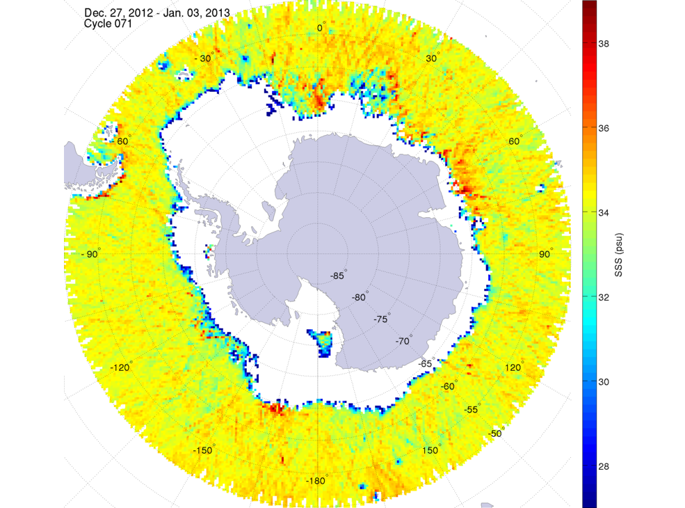Sea surface salinity map of the southern hemisphere ocean, week ofDecember 27, 2012 - January 3, 2013.