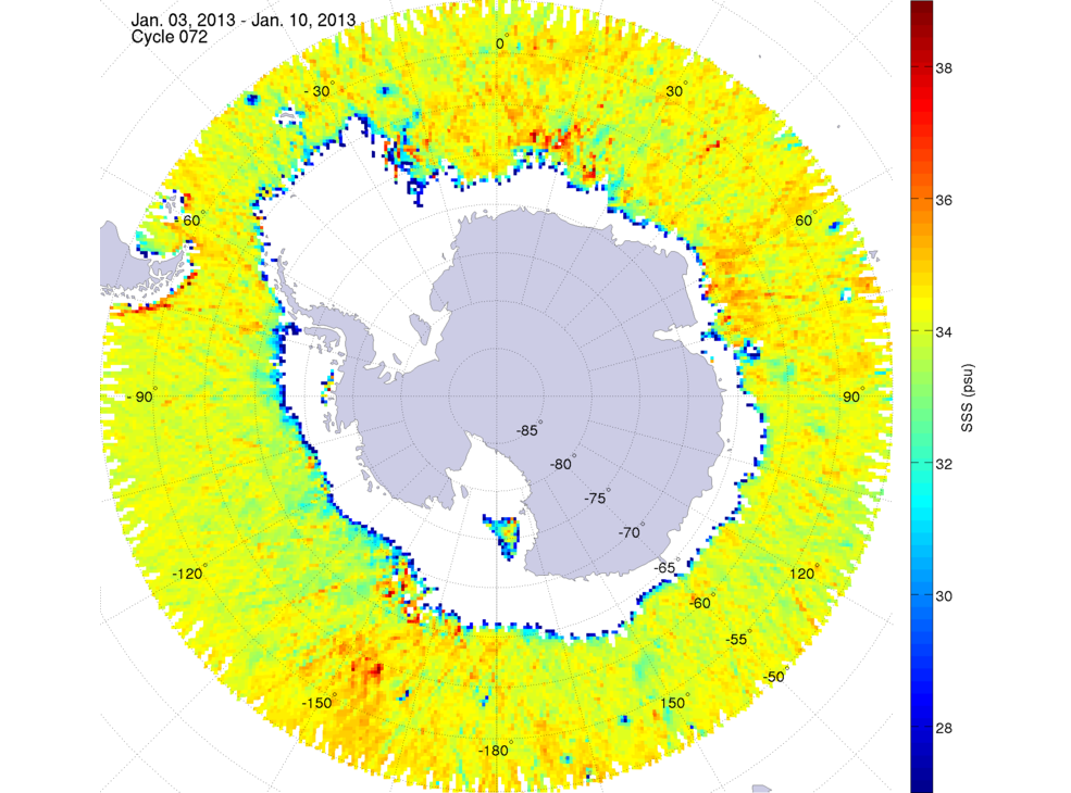 Sea surface salinity map of the southern hemisphere ocean, week ofJanuary 3-10, 2013.