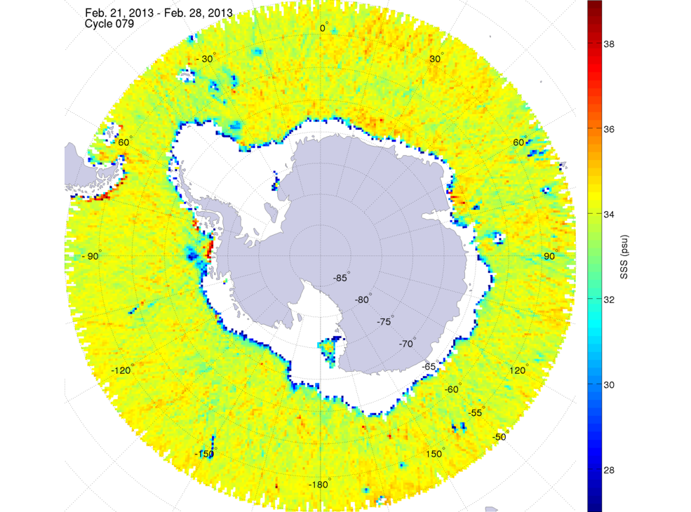 Sea surface salinity map of the southern hemisphere ocean, week ofFebruary 21-28, 2013.