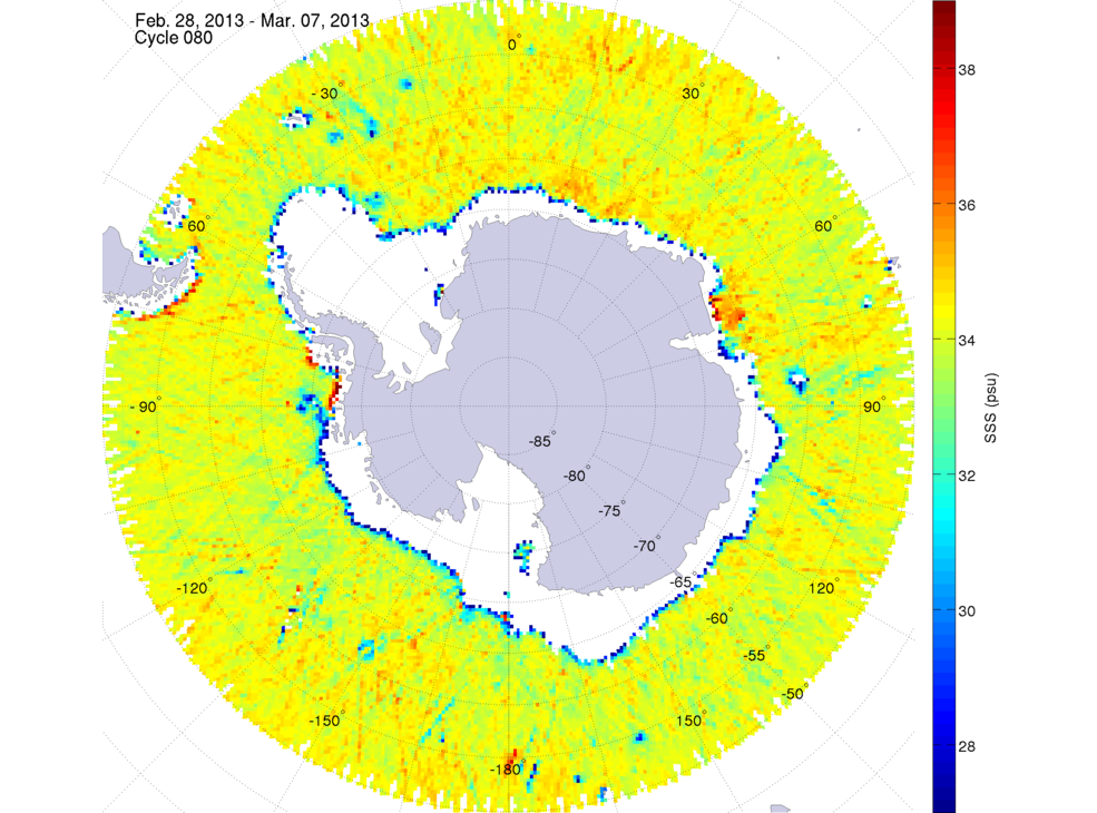 Sea surface salinity map of the southern hemisphere ocean, week ofFebruary 28 - March 7, 2013.
