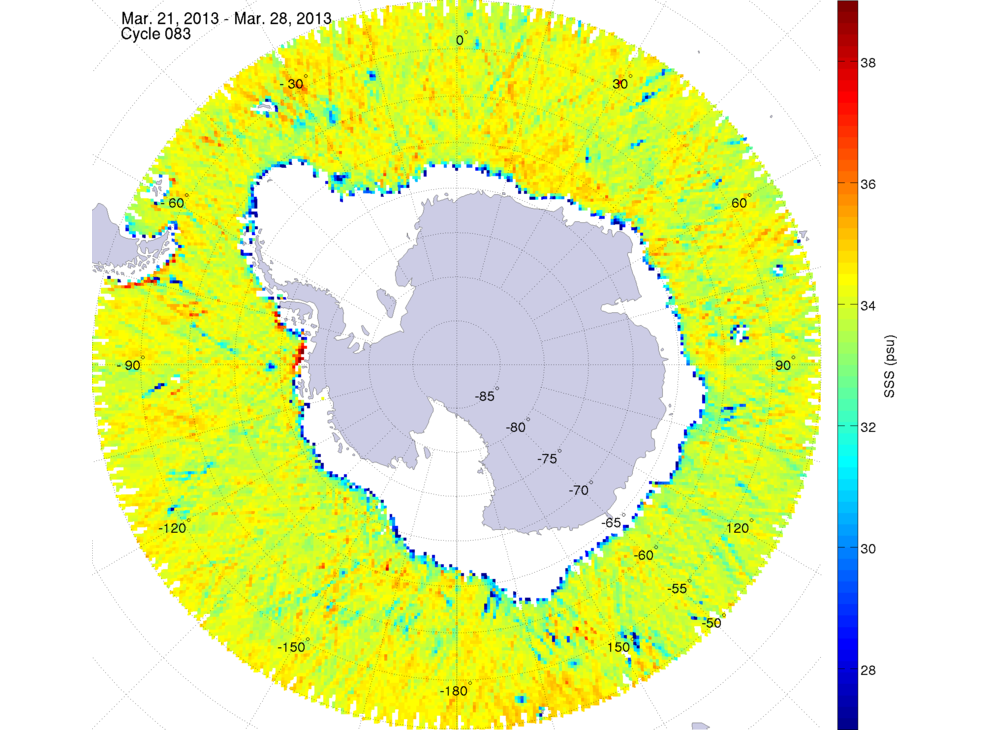 Sea surface salinity map of the southern hemisphere ocean, week ofMarch 21-28, 2013.