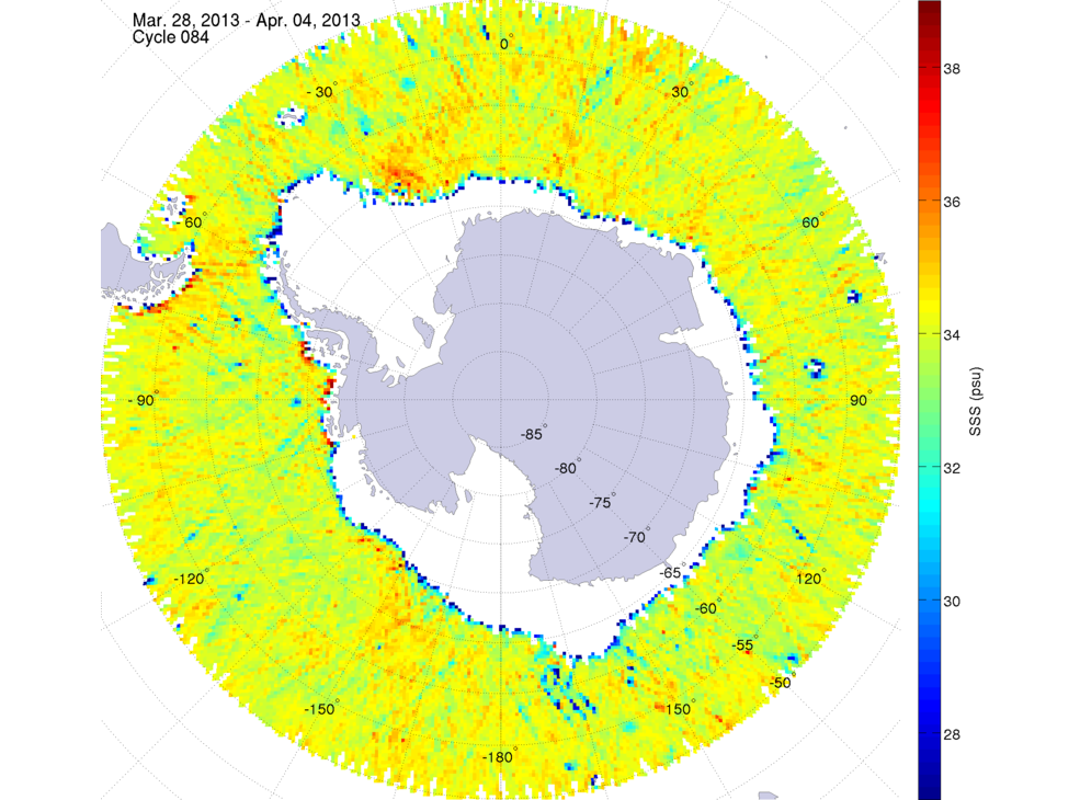Sea surface salinity map of the southern hemisphere ocean, week ofMarch 28 - April 4, 2013.