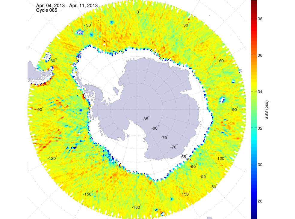 Sea surface salinity map of the southern hemisphere ocean, week ofApril 4-11, 2013.