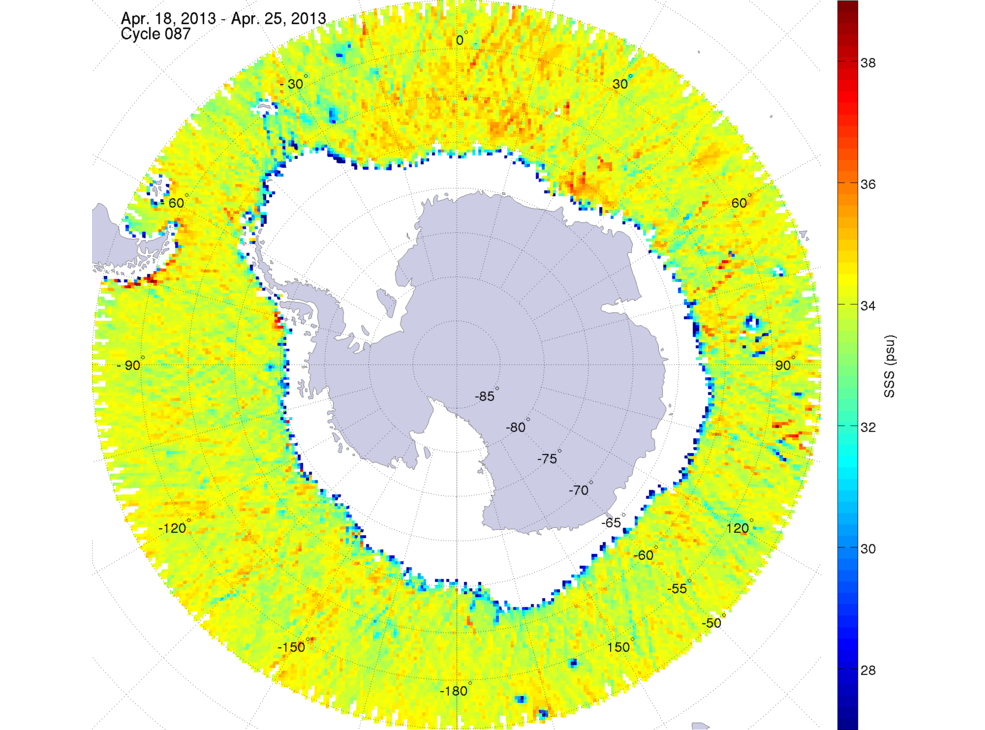 Sea surface salinity map of the southern hemisphere ocean, week ofApril 18-25, 2013.