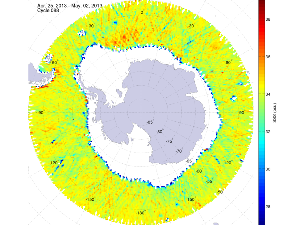 Sea surface salinity map of the southern hemisphere ocean, week ofApril 25 - May 2, 2013.