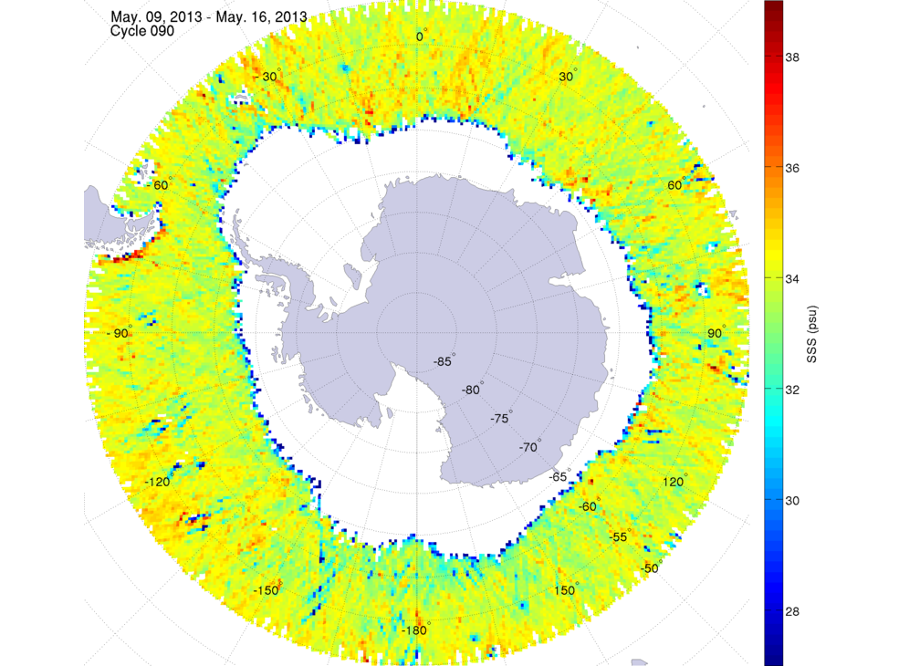 Sea surface salinity map of the southern hemisphere ocean, week ofMay 9-16, 2013.