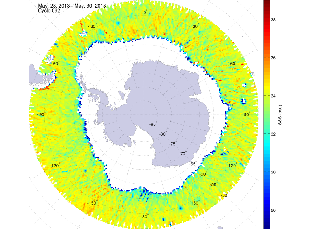 Sea surface salinity map of the southern hemisphere ocean, week ofMay 23-30, 2013.