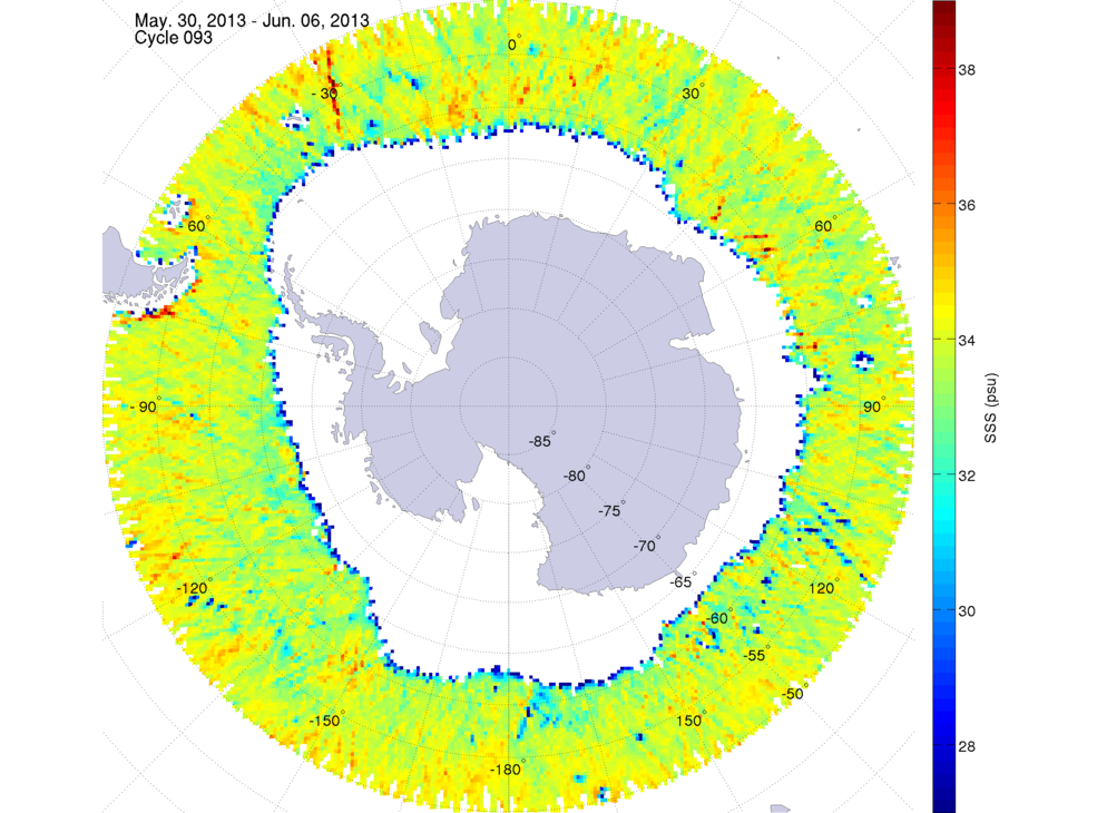Sea surface salinity map of the southern hemisphere ocean, week ofMay 30 - June 6, 2013.